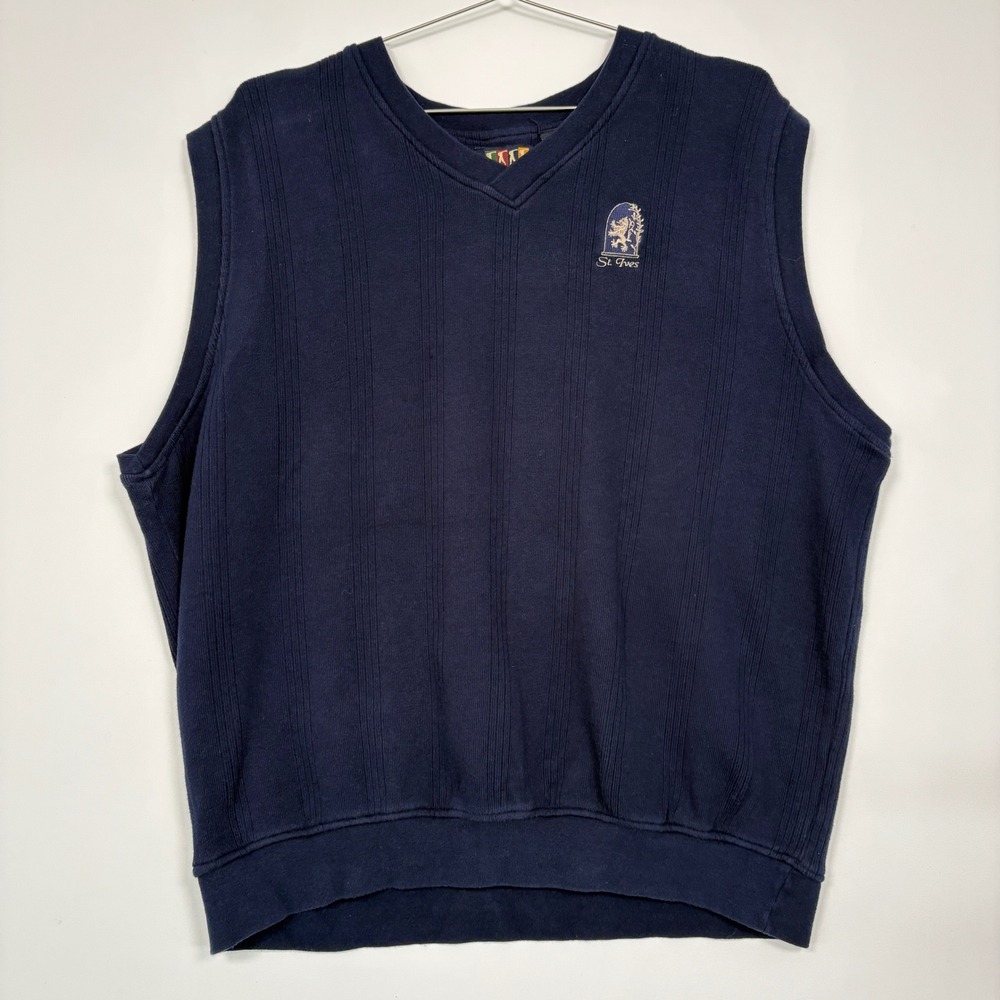 Vntg Foursome Mens Sweater Vest XL Navy Blue St. Ives Embroidered Ribbed Cotton